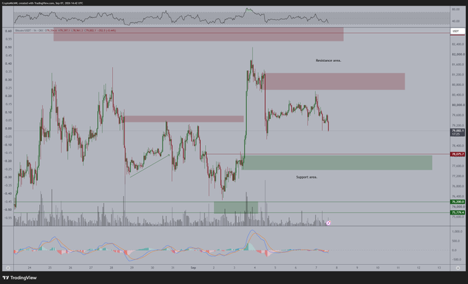 This TradingView chart displays Bitcoin (BTC) trading around $76,628 on the Binance BTCUSDT pair, with candlesticks fluctuating within marked support (~$74,500, green zone) and resistance (~$80,000, red zone) areas—visually confirming the rangebound structure mentioned as price trades near the upper boundary, suggesting an imminent test of the $78,000 level.