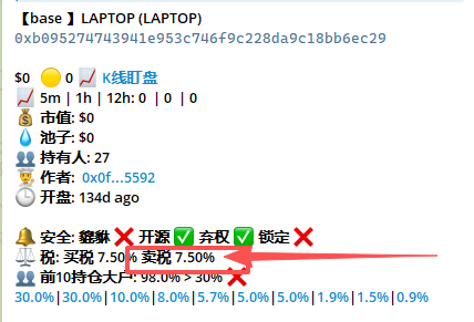 The image shows a trading interface for the "LAPTOP" cryptocurrency token (contract 0xb095274743941e953c746f9c228da9c18bb6ec29), displaying key stats like a $5M market cap, $0 liquidity, 27 holders, and a current tax of 7.50% for both buy and sell, with a 30-minute countdown showing release odds ranging from 30.0% down to 0.9%. This relates to the post about Biden's son's "Laptop" coin by visualizing the gamble-style token release mechanics where users bet on whether taxes will be lifted, with the tax metrics confirming the high tax burden mentioned.