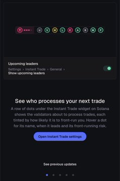 A screenshot of a 3Commas app update notification displaying dots representing trade validators and announcing "Instant Trade · Show who processes your next trade" with an "Open Instant Trade settings" button. The image promotes a new feature to view trade-processing validators, complementing the post's recommendation of TradingTerminal as a top trading tool on Solana.