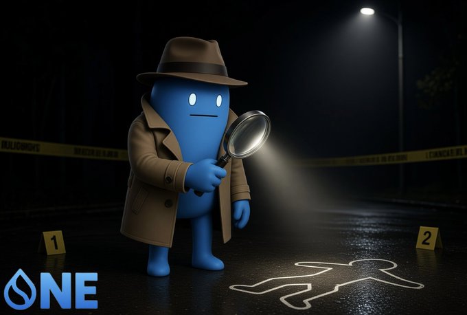 A blue 3D mascot character dressed as a detective with a fedora and trench coat examines a chalk body outline at a nighttime crime scene, with 'ONE' logo visible.