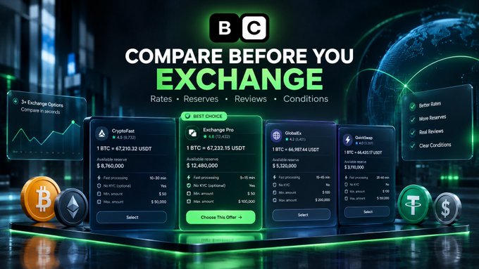A promotional graphic for a cryptocurrency exchange comparison service, displaying cards for 'Exchanges Pro', 'CryptoFast', 'GlobalEx', and 'QuickSwap' with USDT rates, alongside text 'COMPARE BEFORE YOU EXCHANGE'.