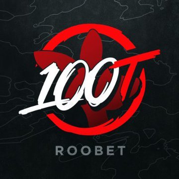 A logo featuring "100T" in white brushstroke font overlaid on a red circular emblem with a leaf design, on a dark camouflage-patterned background, branded "ROOBET" below.