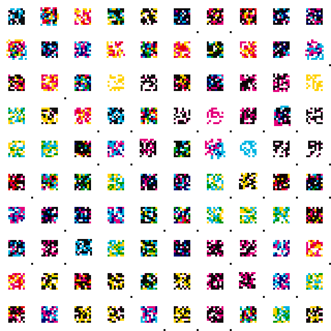 A grid of small, colorful pixel art sprites in various arrangements on a white background.