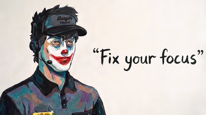 A painted illustration of a person wearing Joker-style makeup and a 'Burger Flipper' headset with the text 'Fix your focus'.
