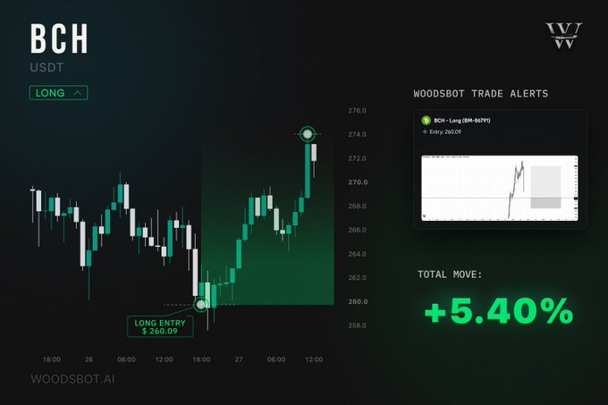 A WoodsBot AI trading alert showing a BCH/USDT long entry at $260.09 with a total move of +5.40%, displayed alongside a candlestick chart.