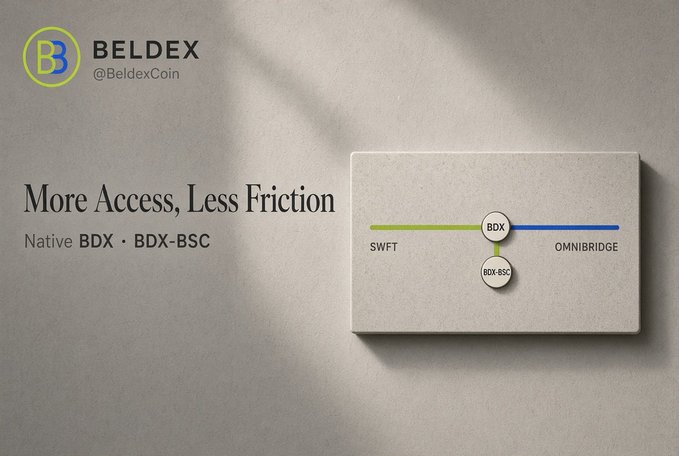 A BELDEX (@BeldexCoin) promotional graphic reading "More Access, Less Friction" showing the relationship between Native BDX, BDX-BSC, SWFT, and OMNIBRIDGE.