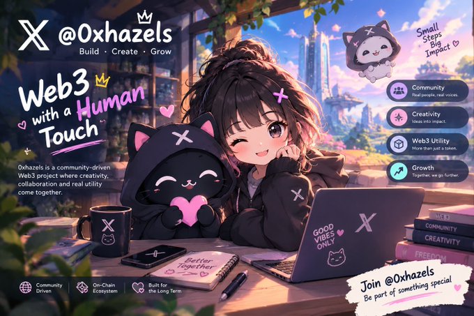 An anime-style promotional image for '@Oxhazels' features a girl with a cat-eared hoodie and laptop, advertising a Web3 community-driven project with human touch, emphasizing community, creativity, Web3 utility, and growth.