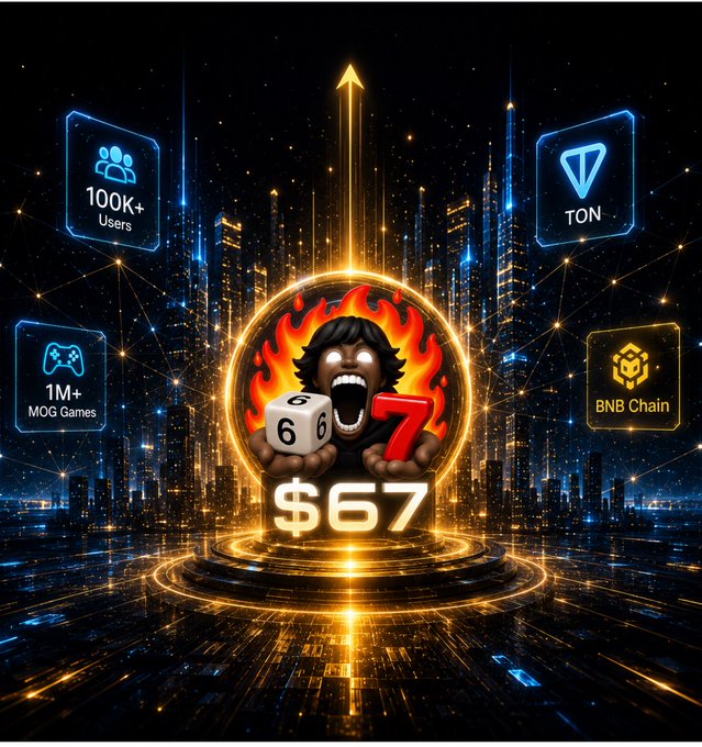 A vibrant digital promotional graphic features a fierce character holding dice showing 6, 6, and 7, surrounded by flames, with "$67" displayed below. Floating panels showcase "100K+ Users," "1M+ MOG Games," "TON," and "BNB Chain" against a futuristic cityscape background.