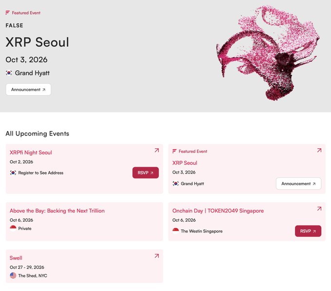 A Flare Networks events page highlighting the "XRP Seoul" featured event on October 3, 2026 at the Grand Hyatt, alongside other upcoming gatherings including XRP Night Seoul (Oct 2), Above the Bay, Onchain Day at TOKEN2049 Singapore, and Swell NYC—all taking place throughout October 2026.