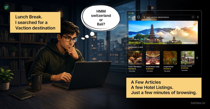 Digital illustration of a man on his laptop during lunch break thinking about vacation destinations (Switzerland or Bali), showing hotel listings for Bali.