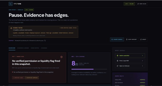 A dark-themed dashboard interface for 'TTT/TEIm' displaying a claim 'Pause. Evidence has edges.' about a negative surface mind caution with no verified signal, showing audit controls and evidence ledgers.