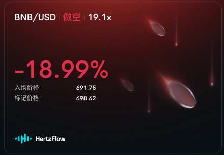 A red-toned financial dashboard shows a BNB/USD short position at 19.1x leverage with a -18.99% loss, entry price 691.75 and mark price 698.62, branded with the HertzFlow logo.