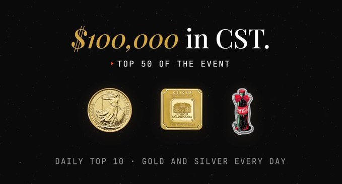 A promotional graphic displays "$100,000 in CST." and "TOP 50 OF THE EVENT" featuring images of a gold coin, a gold bar, and a Coca-Cola figurine, with text reading "DAILY TOP 10 · GOLD AND SILVER EVERY DAY".
