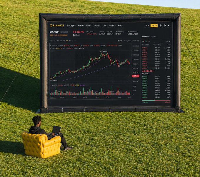 A man relaxes in a yellow armchair on a grassy field, casually working on a laptop placed in front of a massive Binance trading screen displaying BTC/USDT at $63,386.04—perfectly capturing the "touch grass" meme by literally sitting on grass while obsessively checking crypto charts.