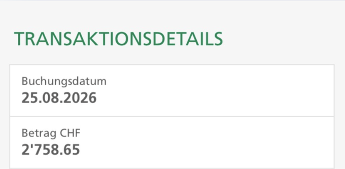A screenshot of transaction details showing a booking date of 25.08.2026 for a payment of 2'758.65 CHF, which the poster contrasts with their goal of earning similar amounts on Pump.fun in order to quit their part-time teaching job.