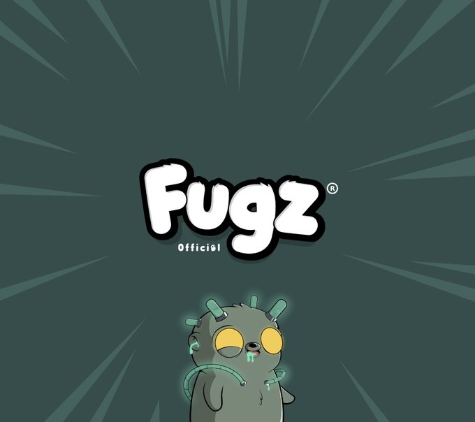 A cartoon-style logo for 'Fugz Official' featuring a small grey character with antennae and glowing yellow eyes on a dark green background.