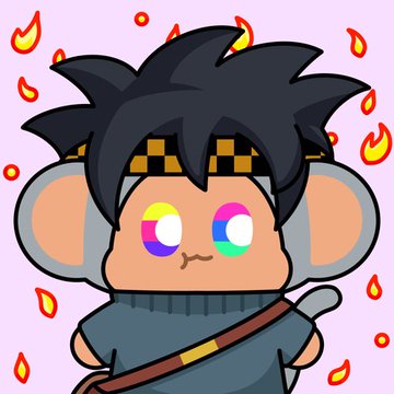 A cartoon illustration depicts a character with spiky black hair, a checkered headband, and rainbow-colored eyes surrounded by flames on a purple background.