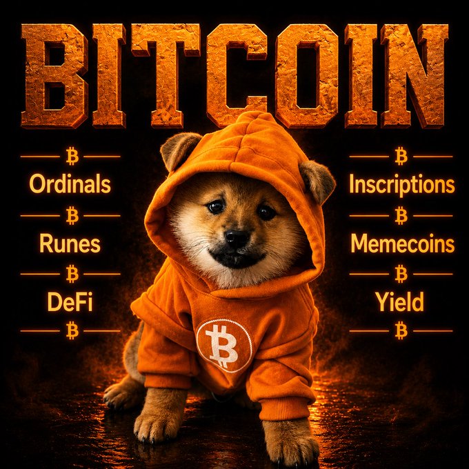 A Shiba Inu dog wearing an orange Bitcoin hoodie, surrounded by Bitcoin-related terms: 'Ordinals', 'Runes', 'DeFi', 'Inscriptions', 'Memecoins', and 'Yield' under the word 'BITCOIN'.