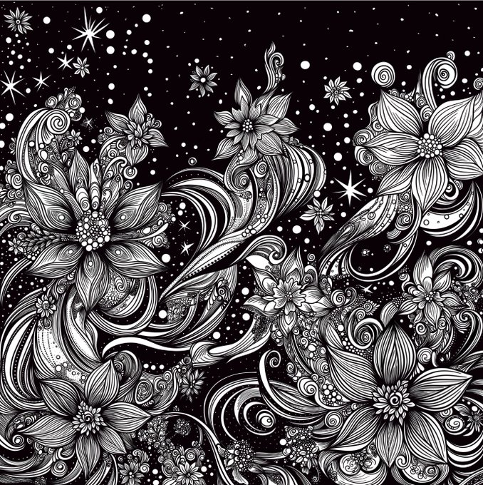 A black-and-white zentangle-style illustration featuring intricate floral motifs swirling across a starry cosmic backdrop, matching the "Cosmic Bloomfields" theme where celestial stars blend with elaborate botanical patterns.