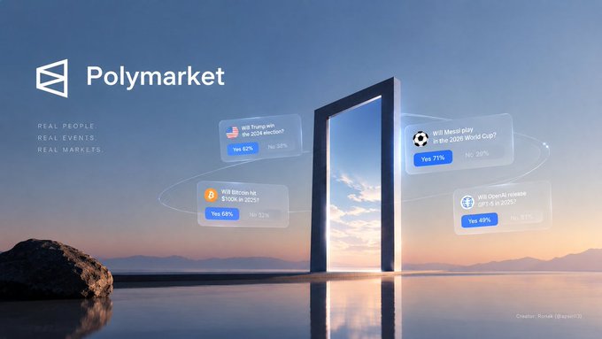The image is a promotional-style graphic for Polymarket featuring its logo alongside the tagline "Real People. Real Events. Real Markets." Floating prediction cards display odds such as "Will Trump win the 2024 election? Yes 62% / No 38%," "Bitcoin hit $100K in 2025? Yes 68% / No 32%," "Will Messi play in the 2026 World Cup? Yes 71% / No 29%," and "Will OpenAI release GPT-5 in 2025? Yes 49% / No 51%," all set against a serene seascape with a glowing monolith.

The image visually reinforces the post's message by showcasing various prediction markets with probabilities, illustrating that even when a user correctly identifies the winning outcome—represented by the high "Yes" percentages—the entry price and capital allocation ultimately determine whether the trade is profitable or disappointing.