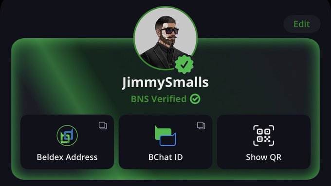 A digital profile card for 'JimmySmalls' featuring an illustrated avatar of a man with sunglasses, marked as 'BNS Verified' with options for Beldex Address, BChat ID, and Show QR.