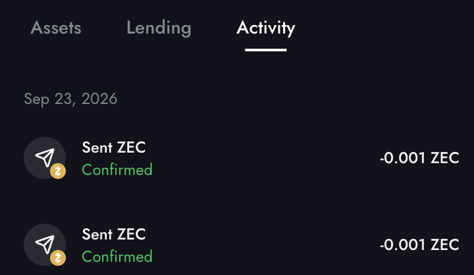 The image shows an Activity tab from a ZEC (Zcash) crypto wallet displaying two confirmed transactions on September 23, 2026, each showing a "Sent ZEC" entry of -0.001 ZEC. This activity log likely corresponds to the accompanying post about NFTs being distributed, possibly representing small test or distribution transactions of ZEC alongside the NFT rollout.