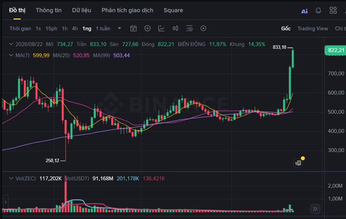 A Binance stock chart showing a cryptocurrency or stock with OHLC values of 734.27 open, 833.10 high, 727.66 low, 822.21 close, with a 11.97% price increase and volume of 117,202K ZEC.