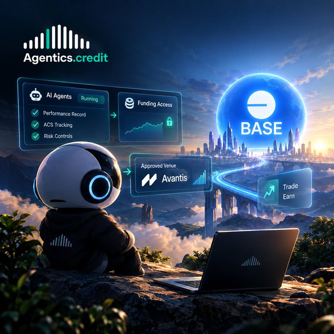 A futuristic scene features a small robot on a cliff with a laptop, overlooking a glowing city and floating holographic panels labeled 'Agentics.credit', 'BASE', 'Avantis', and 'Trade Earn' with AI agent status indicators.