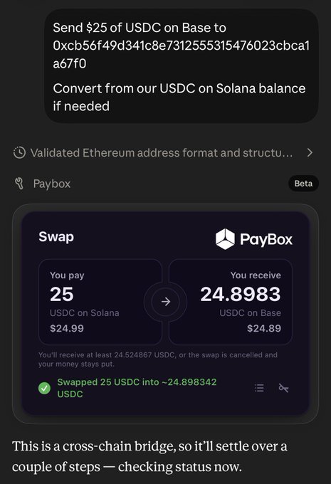 A user is initiating a cross-chain swap of $25 USDC from Solana to Base via PayBox (Beta), receiving approximately 24.8983 USDC on Base at the address 0xcb56f49d341c8e7312555315476023cbca1a67f0. The caption references sending $25 "for date night," matching the $25 USDC transaction shown in the screenshot.
