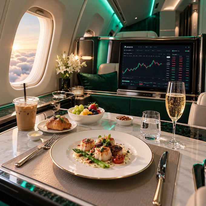 A first-class airline cabin setting featuring a gourmet meal of scallops and asparagus, an iced coffee, a glass of champagne, fresh fruit, and a screen displaying stock charts at the seat.