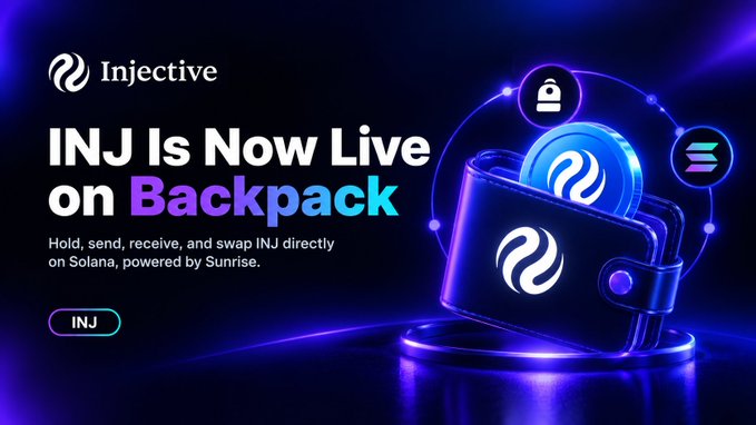 Promotional graphic announcing 'INJ Is Now Live on Backpack', featuring the Injective logo and a digital wallet illustration.