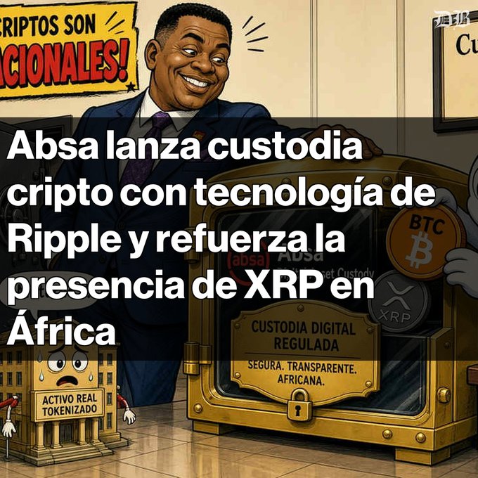 A Spanish-language graphic illustrating a crypto custody announcement, with text reading 'Absa lanza custodia cripto con tecnología de Ripple y refuerza la presencia de XRP en África' over an image of a man next to a safe labeled 'CUSTODIA DIGITAL REGULADA' with Bitcoin and XRP coins.
