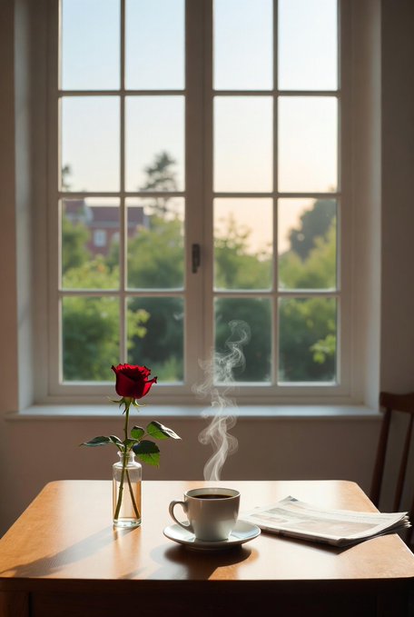 The image features a table with a hot cup of coffee next to a red rose sitting in a vase placed on top of it. The window behind them also has trees visible outside, giving off a relaxed atmosphere. The caption provided seems unrelated to these elements but could be attributed to the creator's own experiences or thoughts that they wanted to include within this image, possibly related to mornings or coffee.