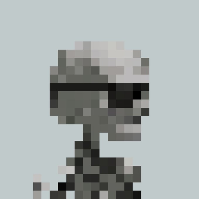 A pixel-art rendering of what appears to be a helmeted character profile, possibly resembling a Star Wars stormtrooper or similar figure, against a light blue background.