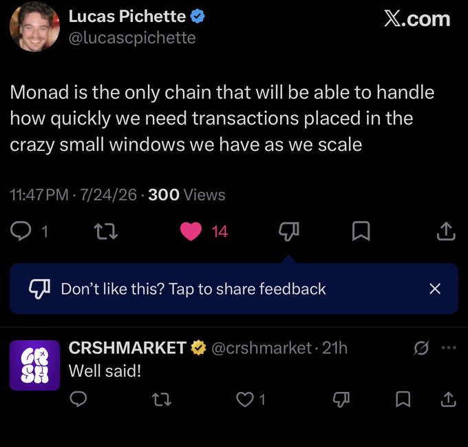 A tweet from Lucas Pichette (@lucascpichette) stating "Monad is the only chain that will be able to handle how quickly we need transactions placed in the crazy small windows we have as we scale," supporting the post's argument that Monad's unique approach to full EVM compatibility sets it apart from other L1 chains that have made trade-offs.