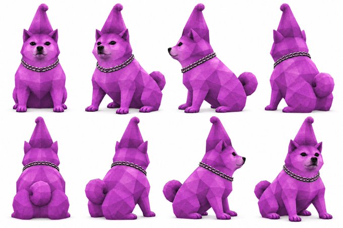 Eight 3D polygonal renderings of a Shiba Inu dog statue in magenta/purple, wearing a pointed hat and chain necklace, displayed from various angles on a white background.