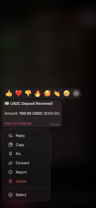 The image shows a Telegram notification for a USDC deposit of 100.00 USDC ($100.00) at 7:06 AM, with a reaction menu and message options (Reply, Copy, Pin, Forward, Report, Delete, Select) displayed. The accompanying post "Gm CT 3 figure's Morning" references the deposit, playfully celebrating a 3-figure ($100) morning start to the day.