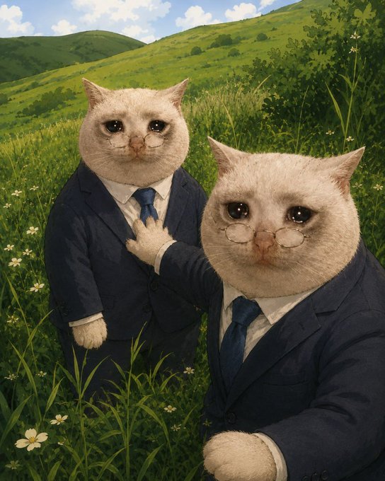 A whimsical AI-generated portrait depicts two cream-colored cats dressed in dark business suits and blue ties, standing in a vibrant green grassy field with rolling hills in the background.