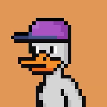 Pixel art character of a duck or similar bird wearing a purple cap, shown in profile against an orange background.