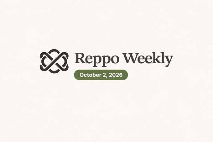 A clean logo design on a light background featuring a black infinity-like symbol and the text 'Reppo Weekly', with a green pill-shaped date badge below reading 'October 2, 2026'.