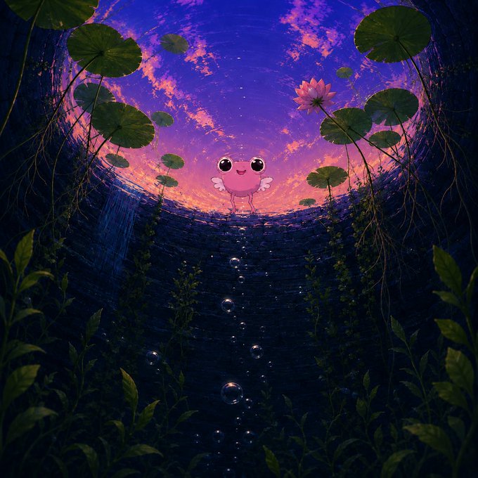 Whimsical illustration of a small pink creature standing at the edge of a pond under a purple and orange sky, surrounded by lily pads and bubbles.