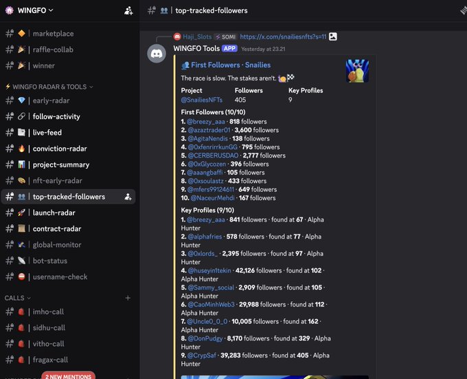 Screenshot of the 'WINGFO' Discord app showing the 'top-tracked-followers' channel with a WINGFO Tools bot message displaying 'First Followers - Snailies' and listing top 10 follower accounts and key profiles.