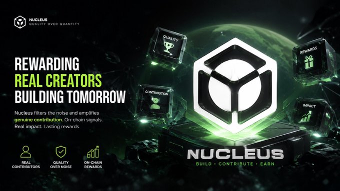 Nucleus promotional banner with text 'REWARDING REAL CREATORS BUILDING TOMORROW' highlighting quality over noise, genuine contribution, and on-chain signals, with tags: REAL CONTRIBUTORS, QUALITY OVER NOISE, ON-CHAIN REWARDS.