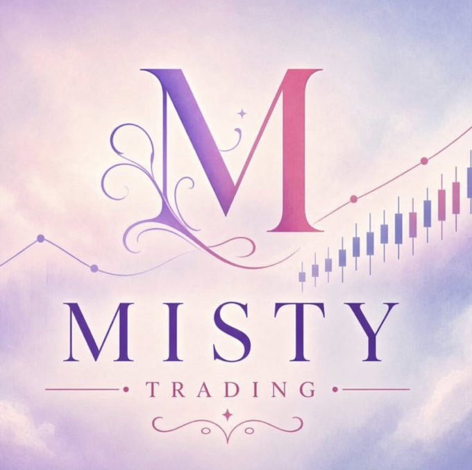 A promotional logo for "Misty Trading" featuring an ornate "M" monogram with decorative flourishes, a stylized candlestick chart showing an upward trend, and the text "Misty Trading" displayed against a soft pink and purple cloudy sky background. The elegant design complements the post's invitation to join free Telegram and Discord communities for crypto trading analysis and trade sharing.