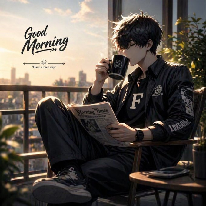 The image features a young man sitting down, reading a newspaper while holding a coffee cup. The scene takes place outdoors with a city skyline visible behind him. The caption for the image reads "Good Morning" followed by "Have a nice day".