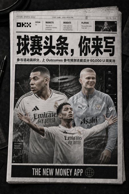 A black and white newspaper-style advertisement for OKX features soccer players including Bellingham, Mbappé, and Haaland with Chinese text reading "球赛头条，你来写" and mentions a 60,000 USD prize pool.