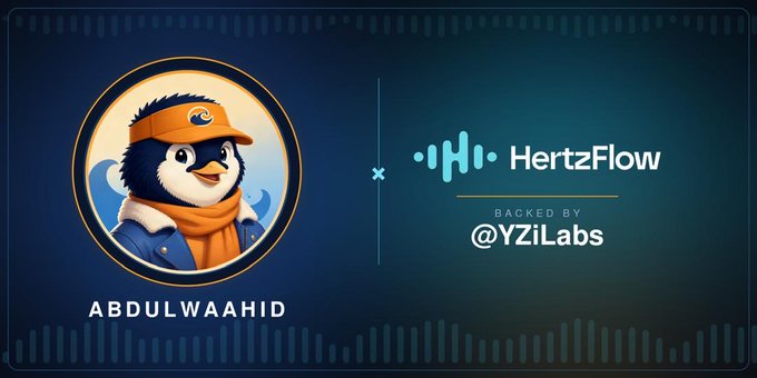 A promotional graphic displays a cartoon penguin character named 'ABDULWAAHID' next to 'HertzFlow' text and 'BACKED BY @YZiLabs'.