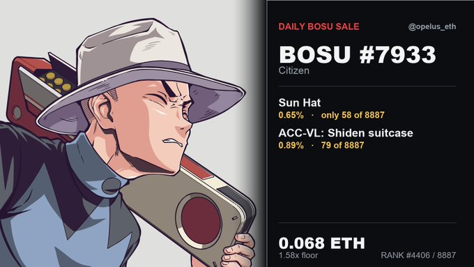 A daily BOSU sale listing on @opelus_eth for BOSU #7933, a Citizen with a Sun Hat and a 'Shiden suitcase' ACC-VL, priced at 0.068 ETH with a 1.58x floor, ranked #4406 / 8887.