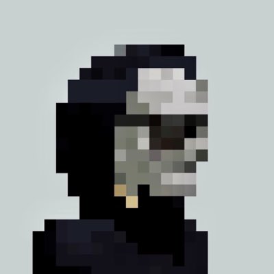 A low-resolution pixel art portrait of a hooded figure with a pale, skull-like face against a light blue background.