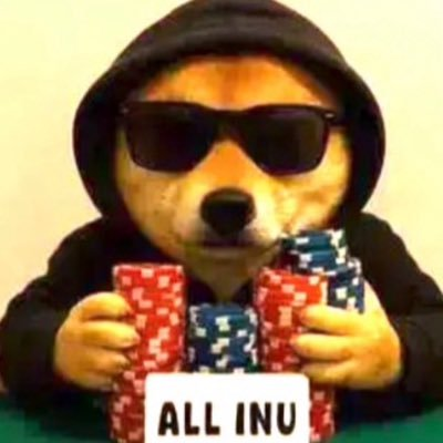 A Shiba Inu dog wearing sunglasses, a black beanie, and a hoodie holds stacks of poker chips in a meme format, with the caption "ALL INU" beneath. The image supports the post's message by symbolizing a calculated, confident bet on trustworthy meme-coin communities rather than risky "rug pulls."